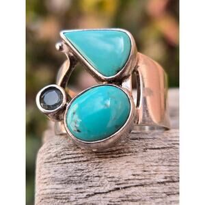 Vintage Modernist Design Geometrical Turquoise & Topaz Sterling Silver Ring Sz 7